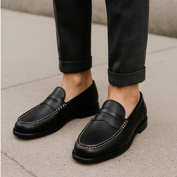 Sandro Mens 12 Handsewn $450 LUXURY Leather Penny Loafers Slip On Shoes Black - Picture 1 of 9